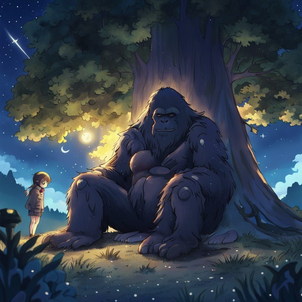 Bigfoot and Alien Friend Under Starry Sky in Anime Style