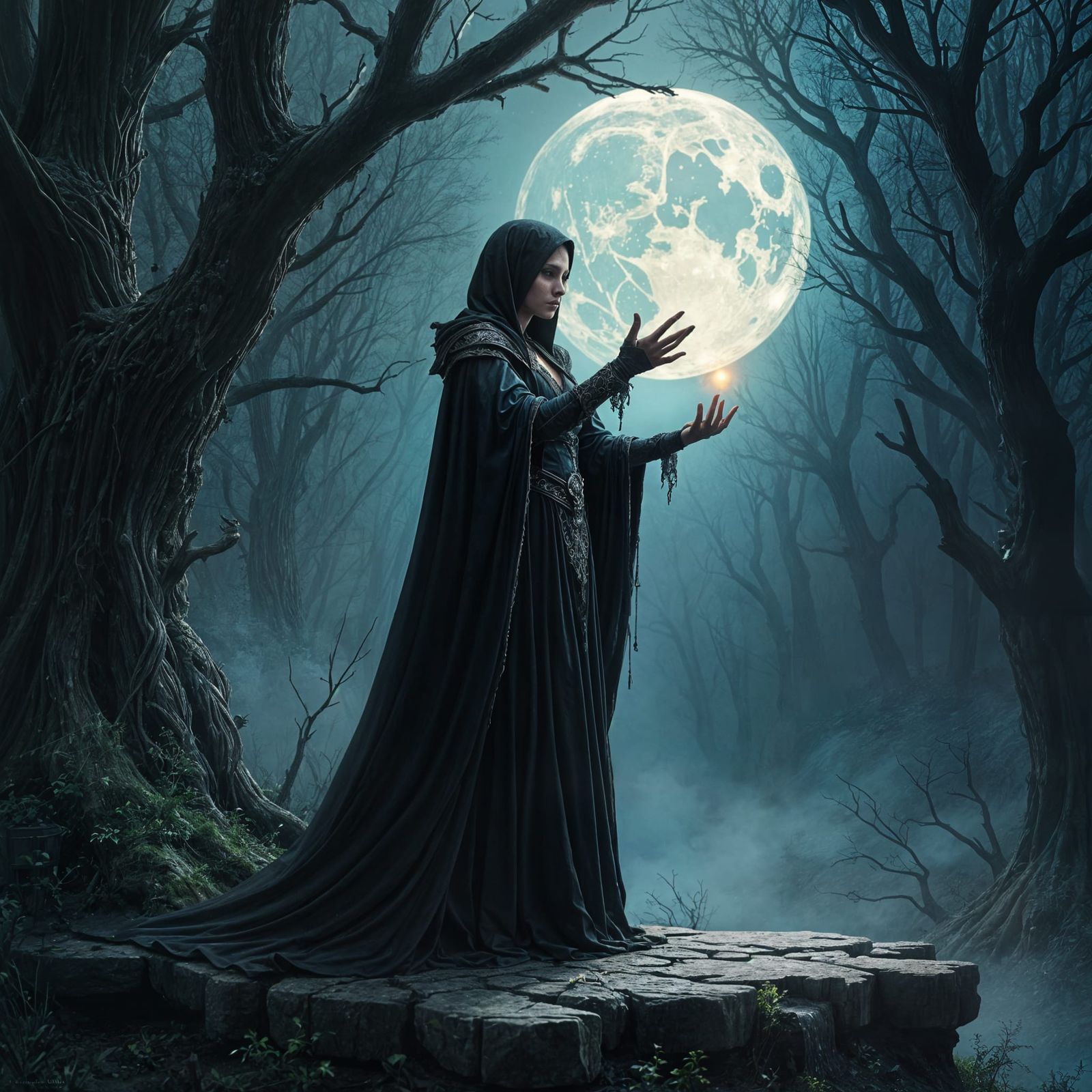 Elven Sorceress Conjures Light in Moonlit Forest