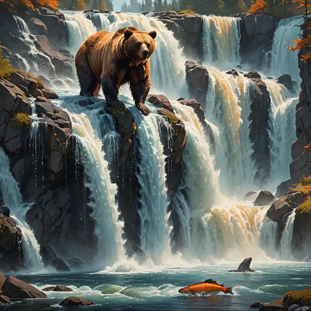 Bear Catching Salmon in Waterfall: Fantasy Wildlife Art