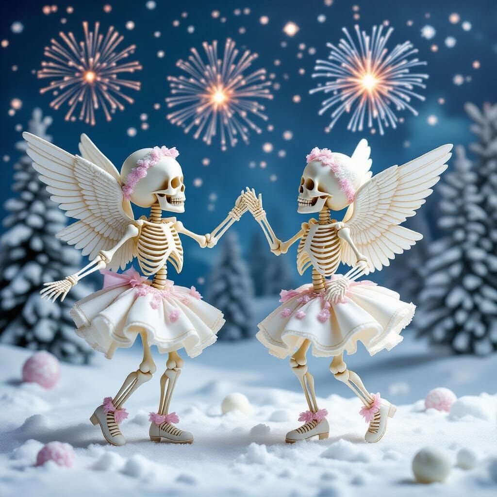 Skeleton Cherubs Dance in Surreal Confectionary Celebration