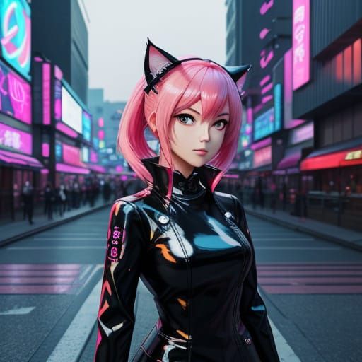 Adult Anime Neko Girl in Neon Cityscape