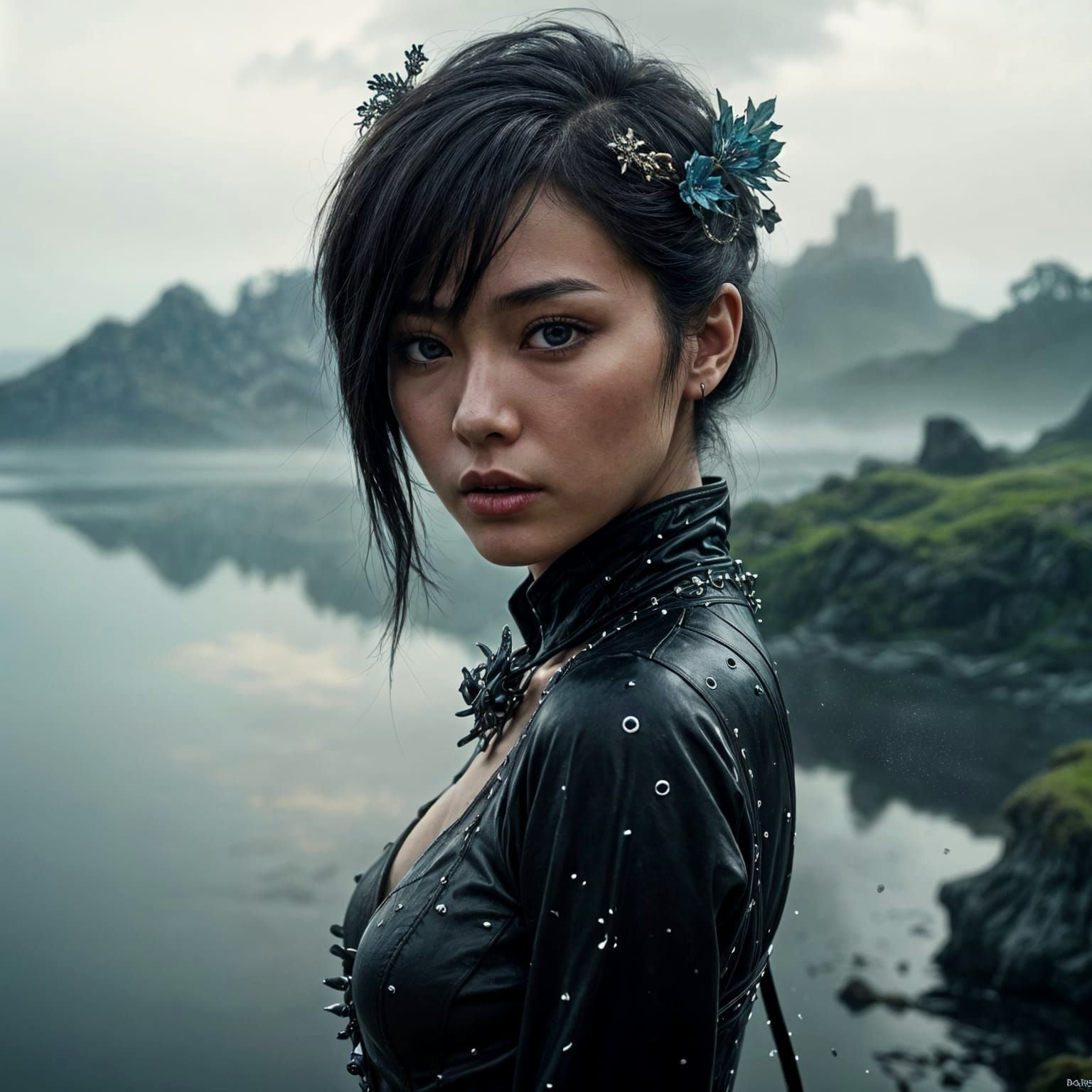 Avant-Garde Korean Woman on Misty Floating Island