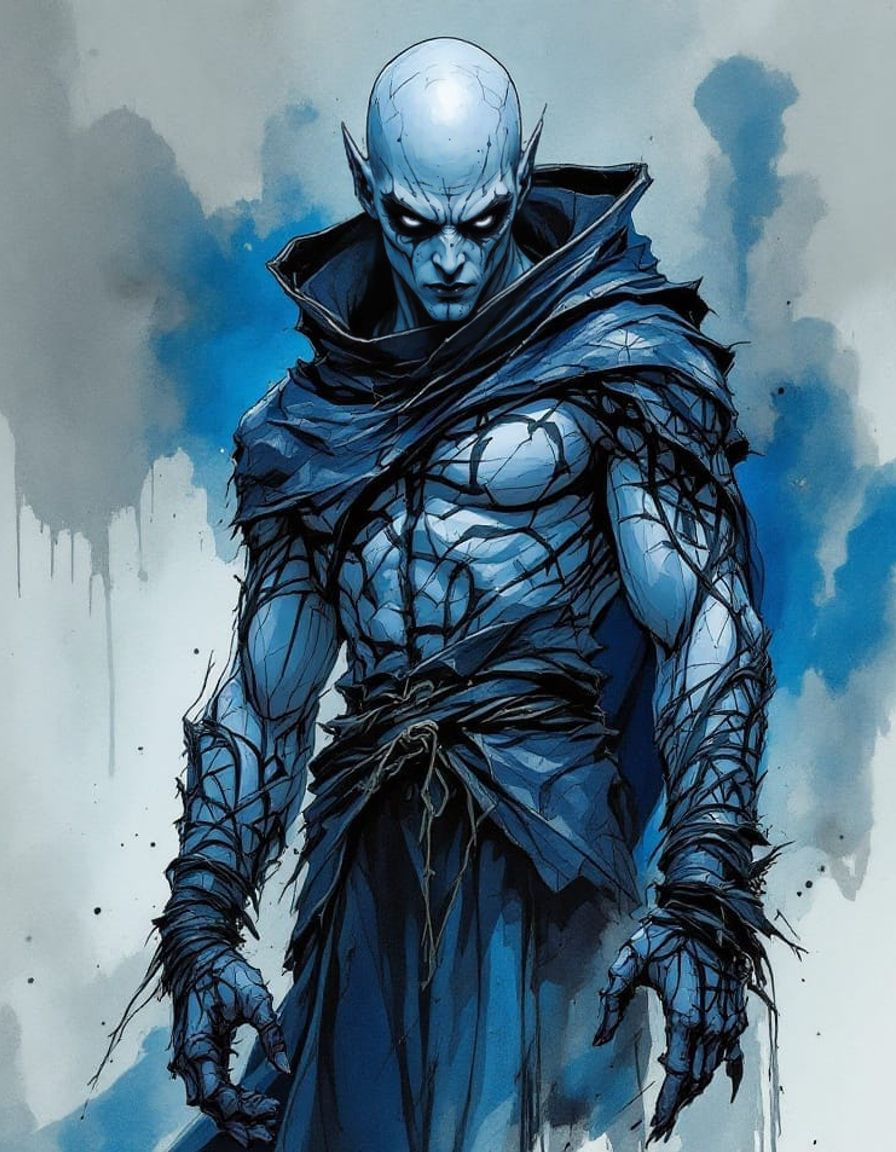 Towering Warlock in Abstract Ink Drawing Style