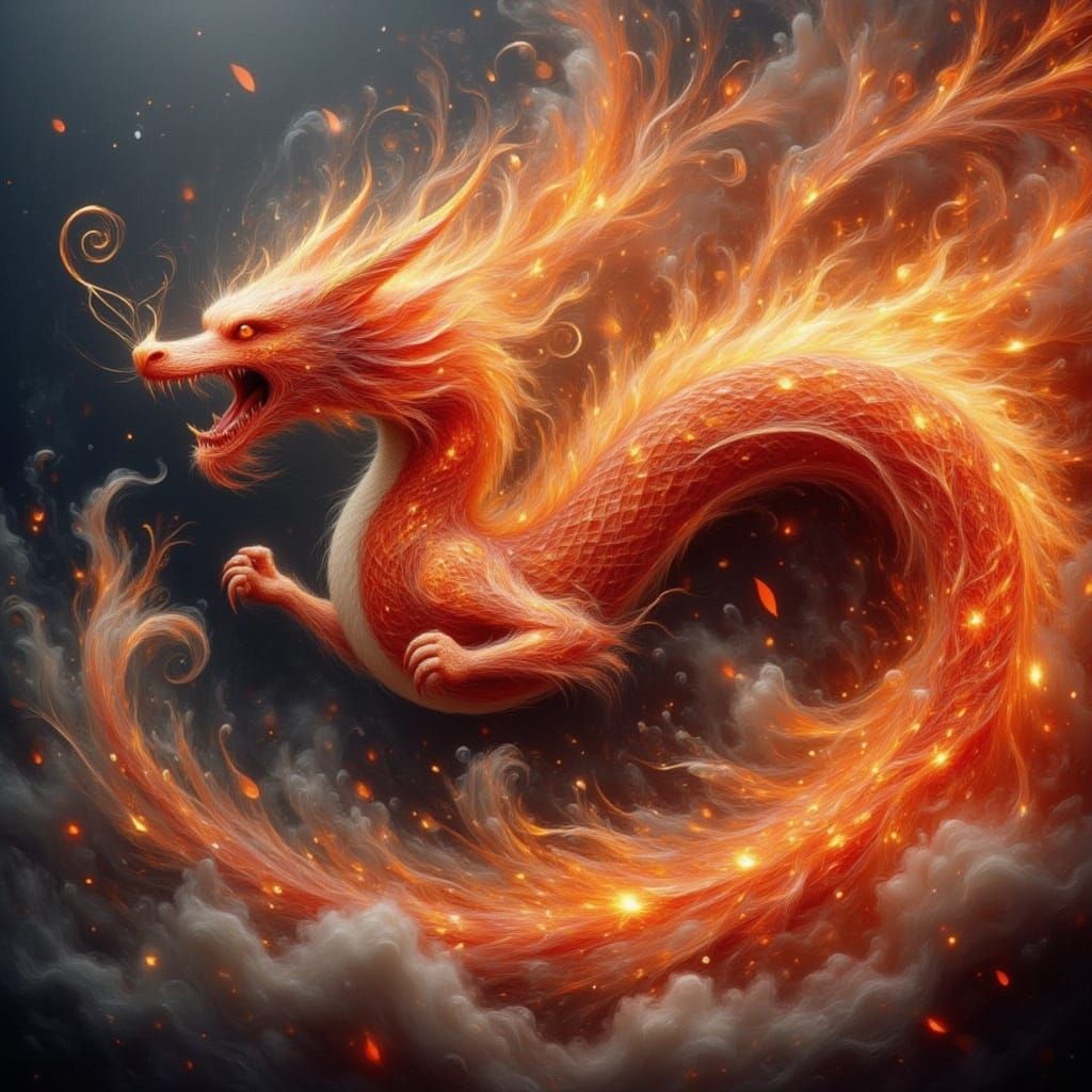 Fiery Asian Dragon Soaring Through Night Sky
