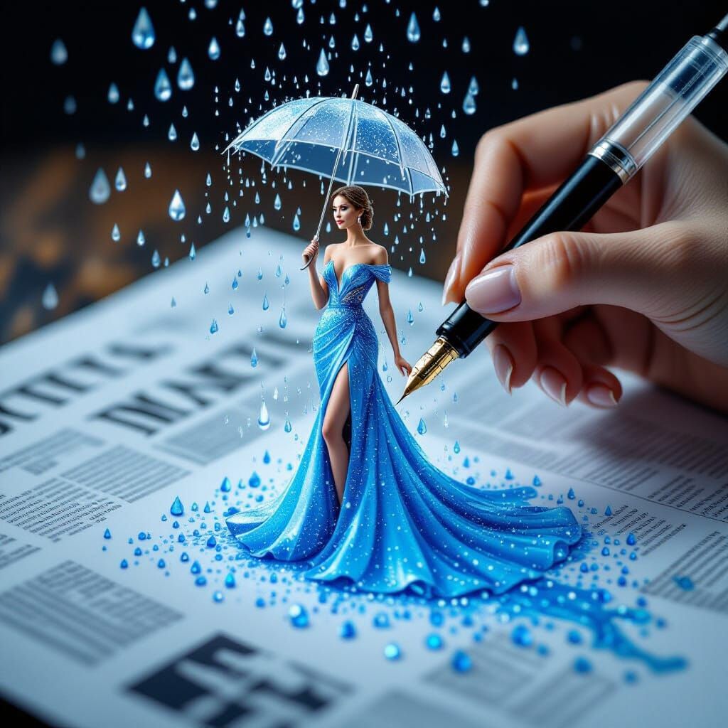 Hand Draws Woman Emerging From Pen in Fashion Magazine