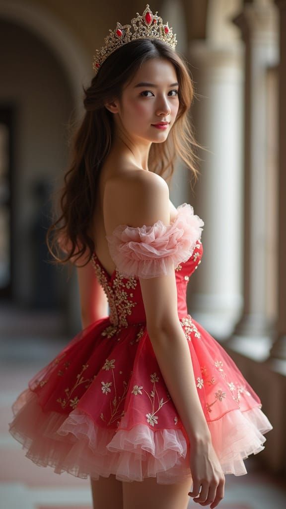 Sensuous Princess in Baroque Dress by Arched Window