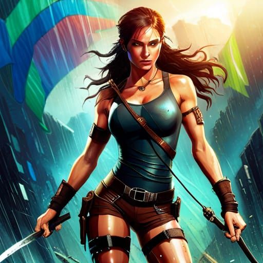 Lara Croft, Tomb Raider in Rainbow Rain