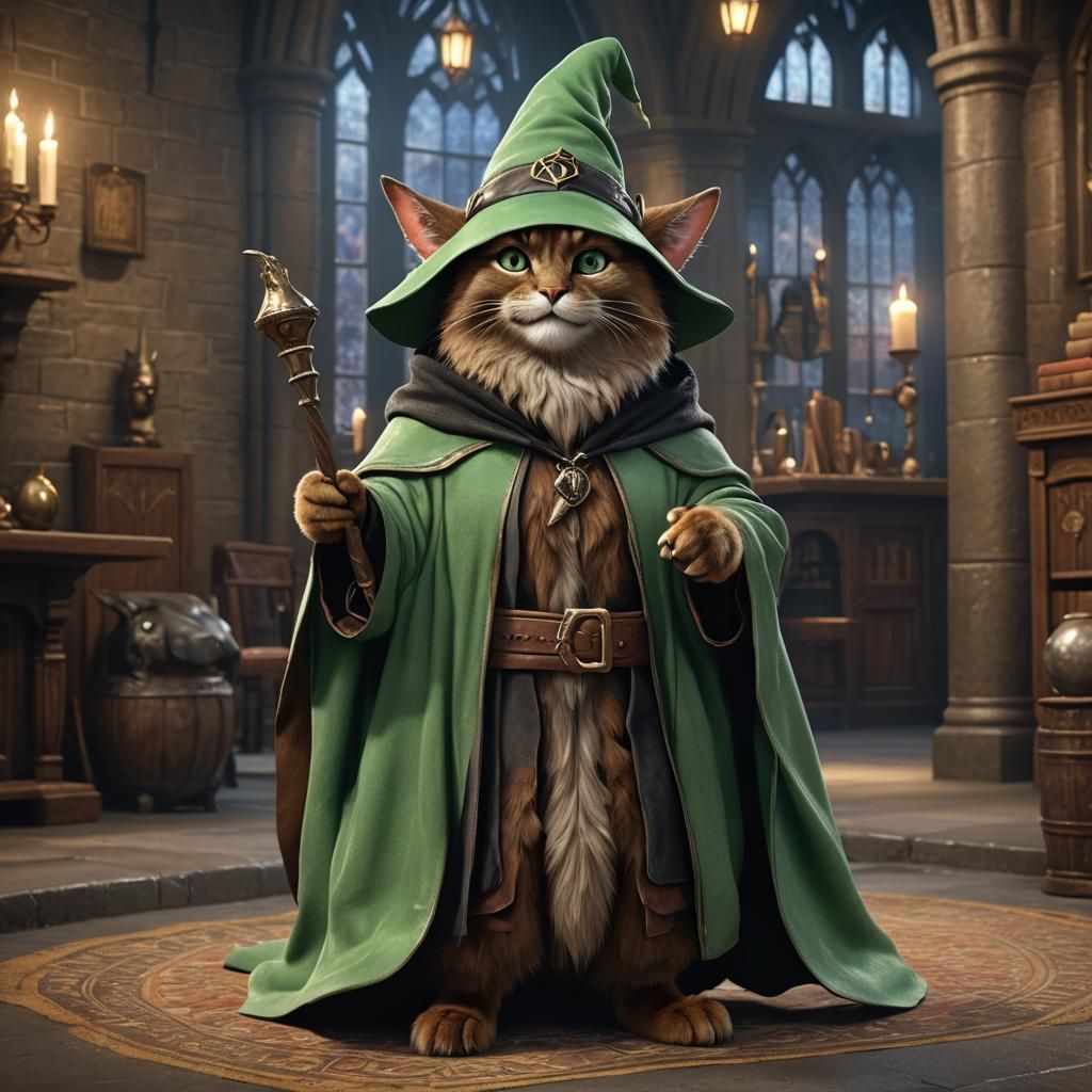 Burmese Cat Wizard in Hogwarts, Photorealistic Digital Art