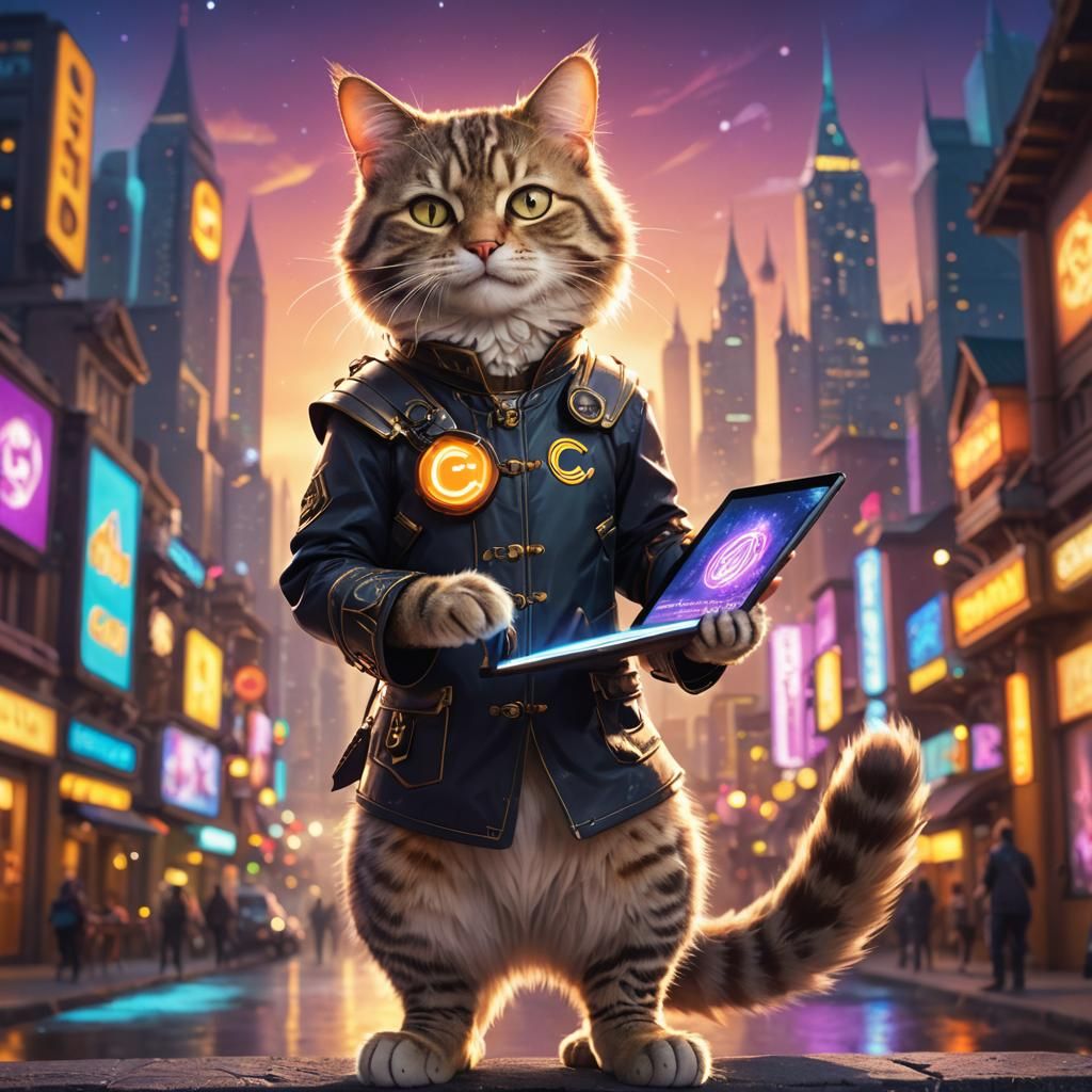 Magical Cat in Fantasy City Holding Caturday Tablet