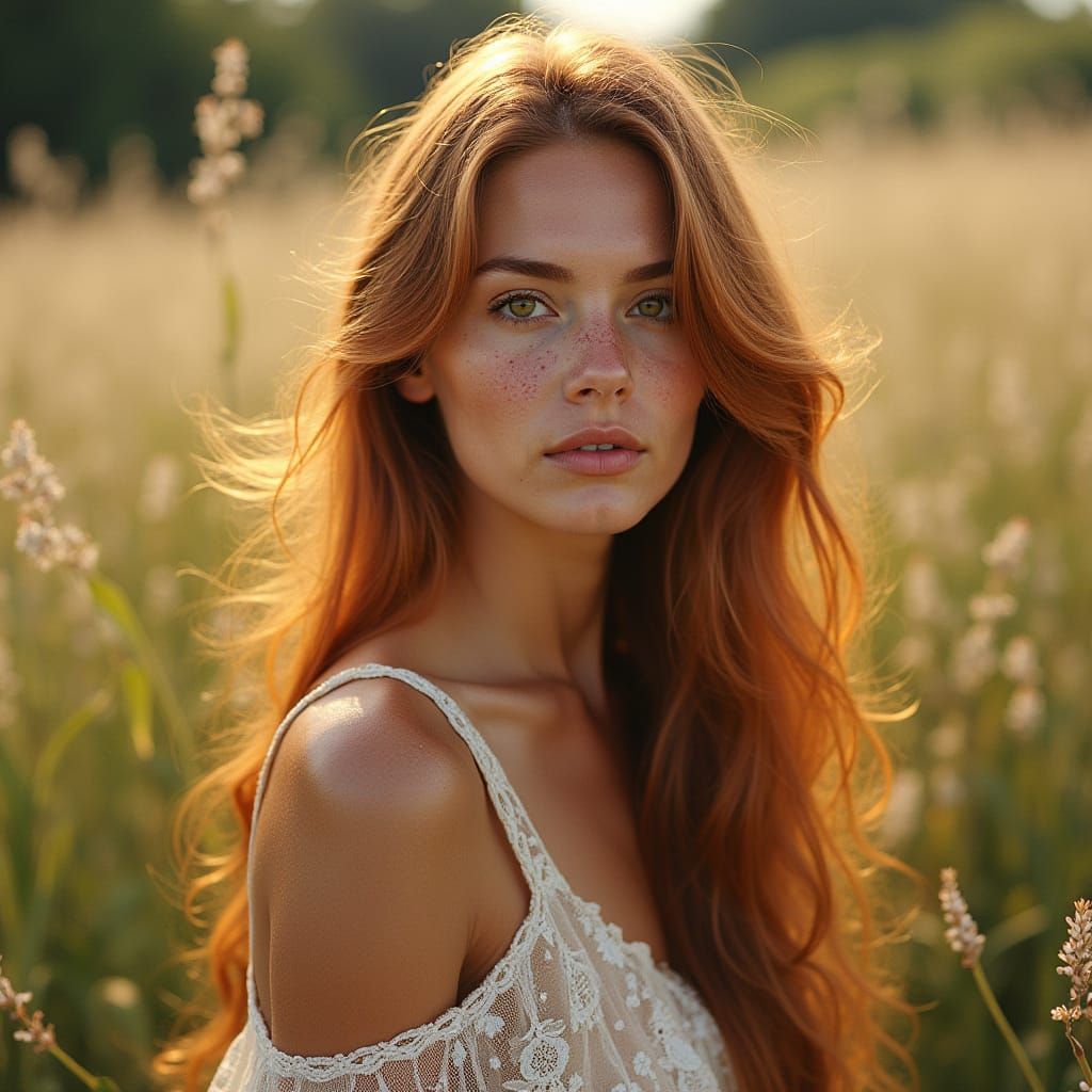 Sun-Kissed Woman in Wildflower Field, Photorealistic Portrai...