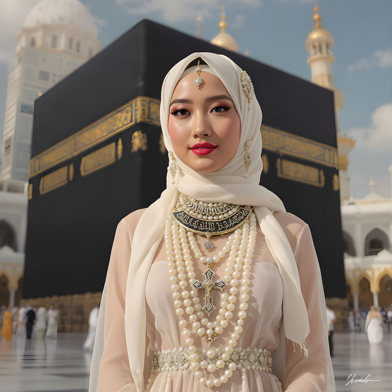 Elegant Hijab and Pearl Jewelry at the Ka'bah