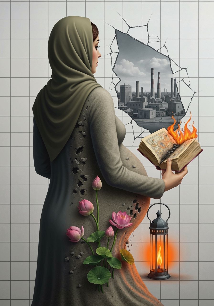 Surreal Iranian Woman in Hijab with Lotus Buds