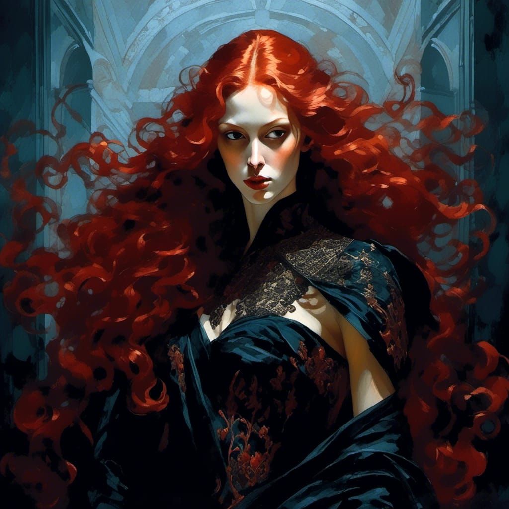 Vampiress with Flowing Red Hair in Classical Style