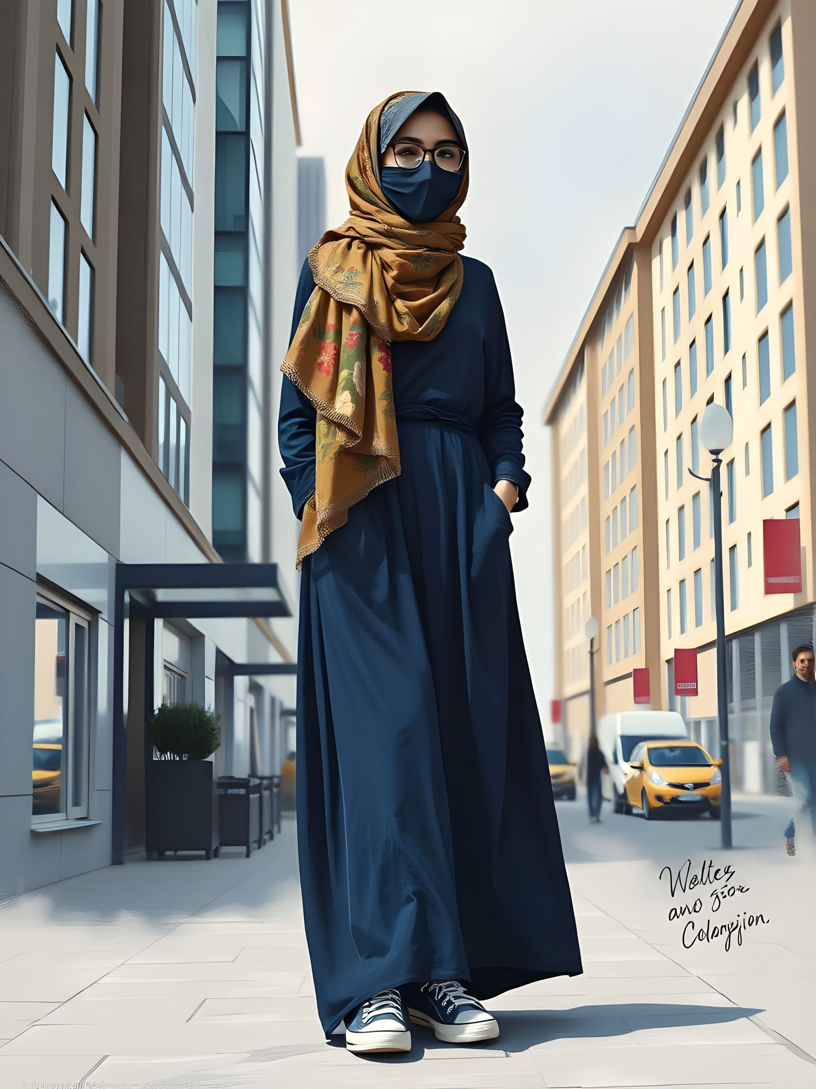 Modern Minimalist Painting of Hijabi Woman in City