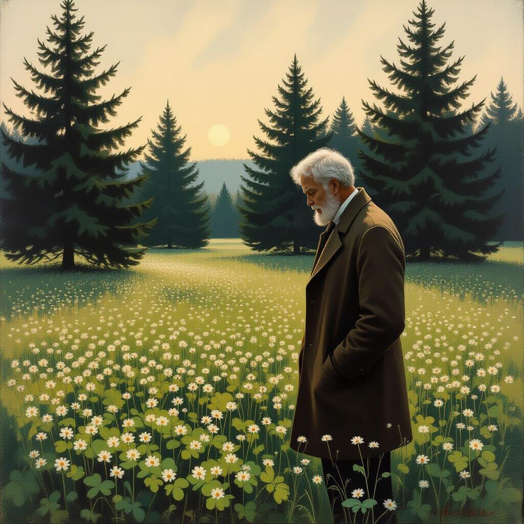 Man Contemplating Life in Clover Field, Pine Trees