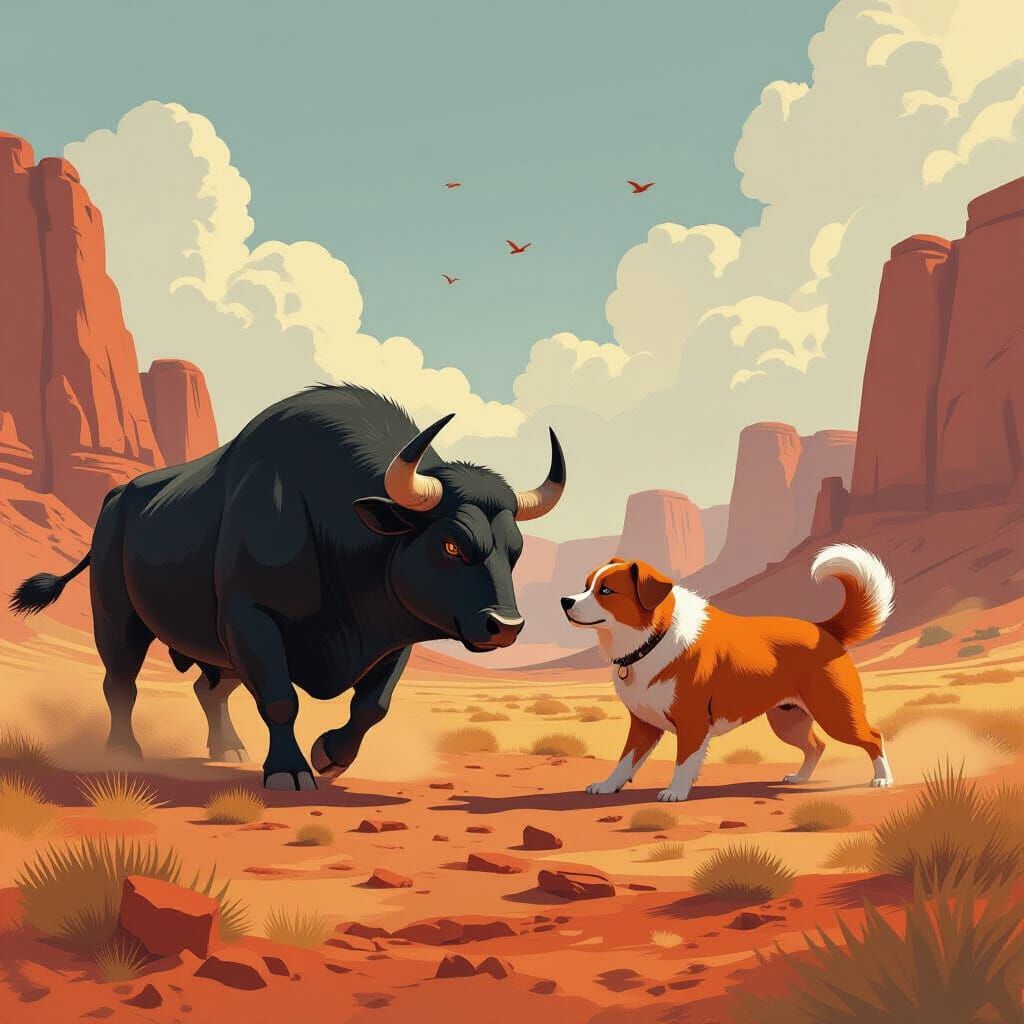 Earth Bull vs Dog in Dramatic Landscape