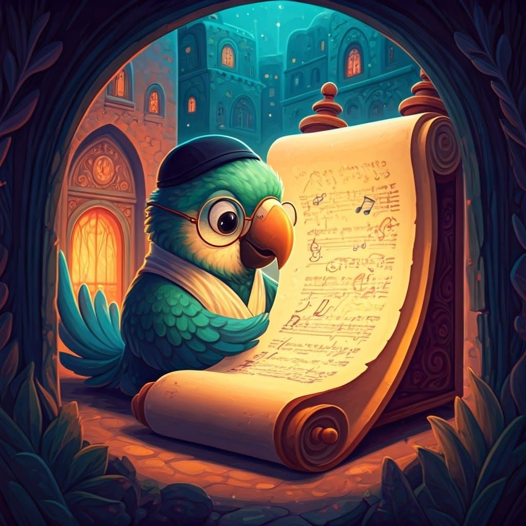 Whimsical Parrot Rabbi Studies Torah in Dreamlike Jerusalem ...