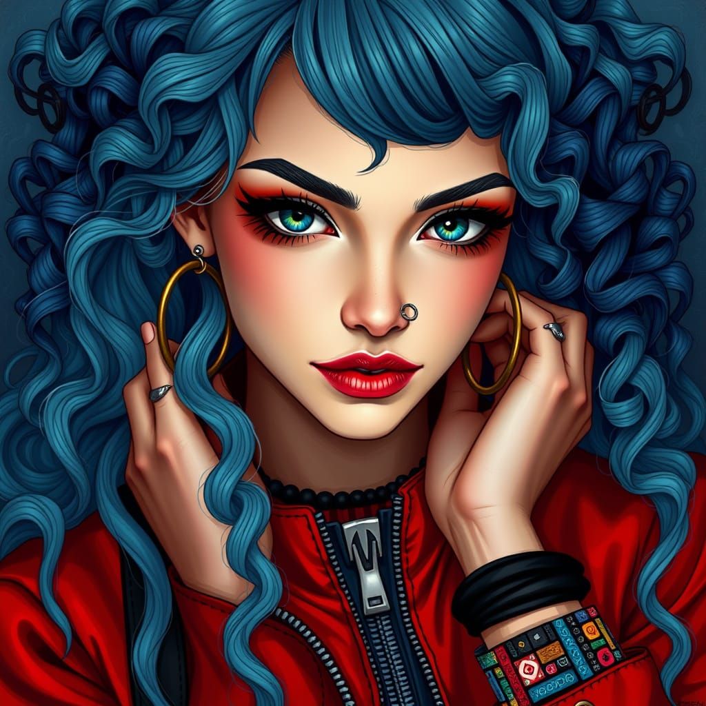 Woman in a Red Jacket with Vibrant, Art Nouveau-Inspired Hai...