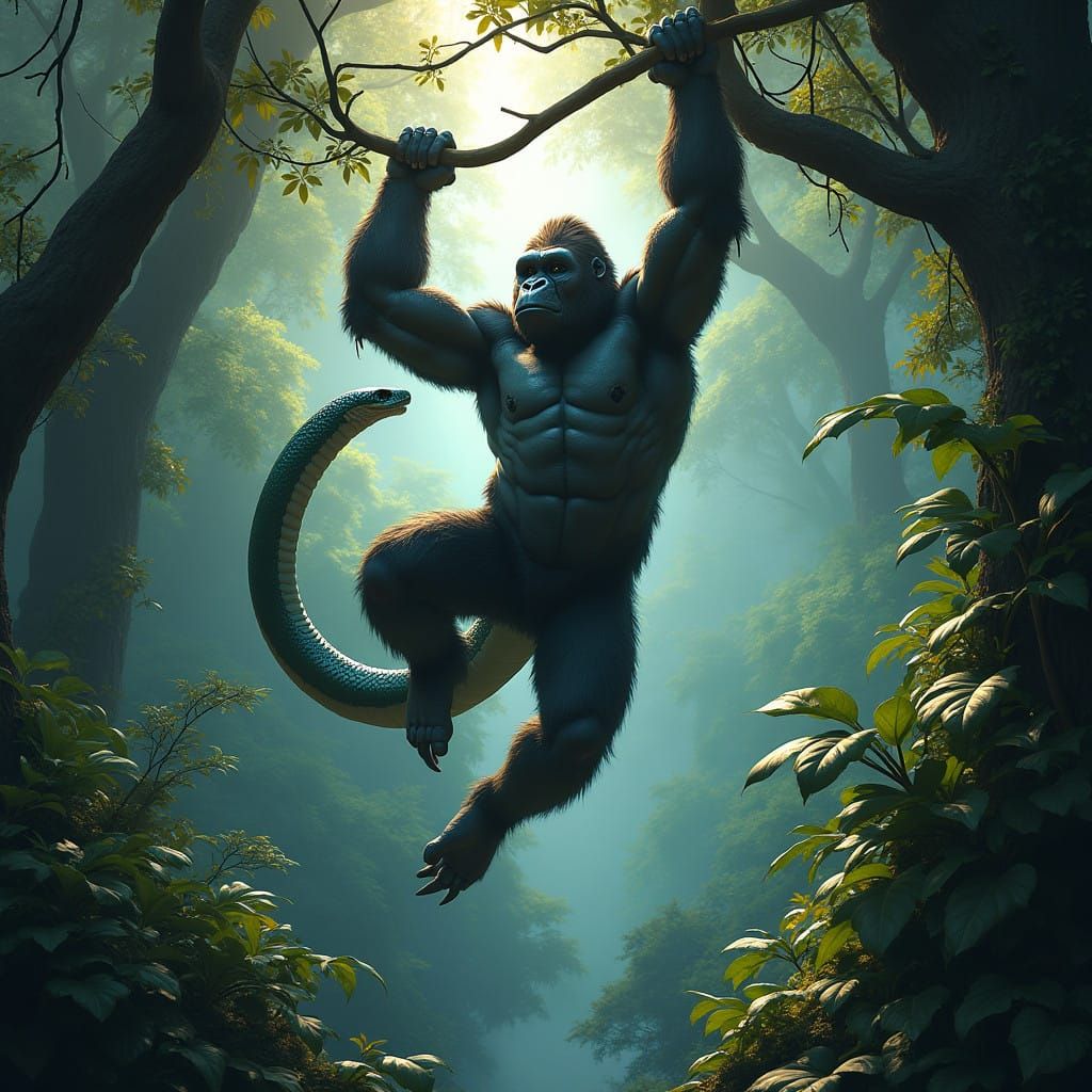 Surreal Jungle Scene with Gorilla-Snake Hybrid in Cyberpunk...