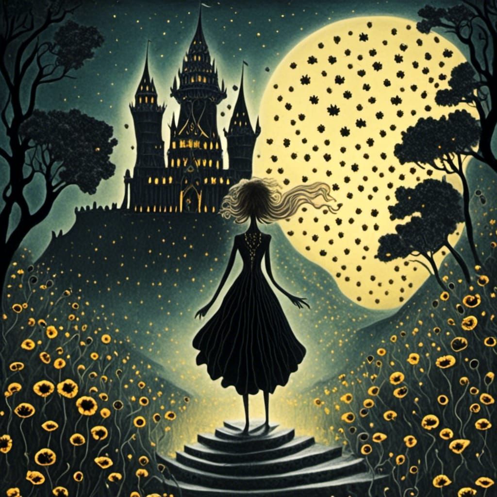 Glowing Leopard Woman in Front of Black Castle