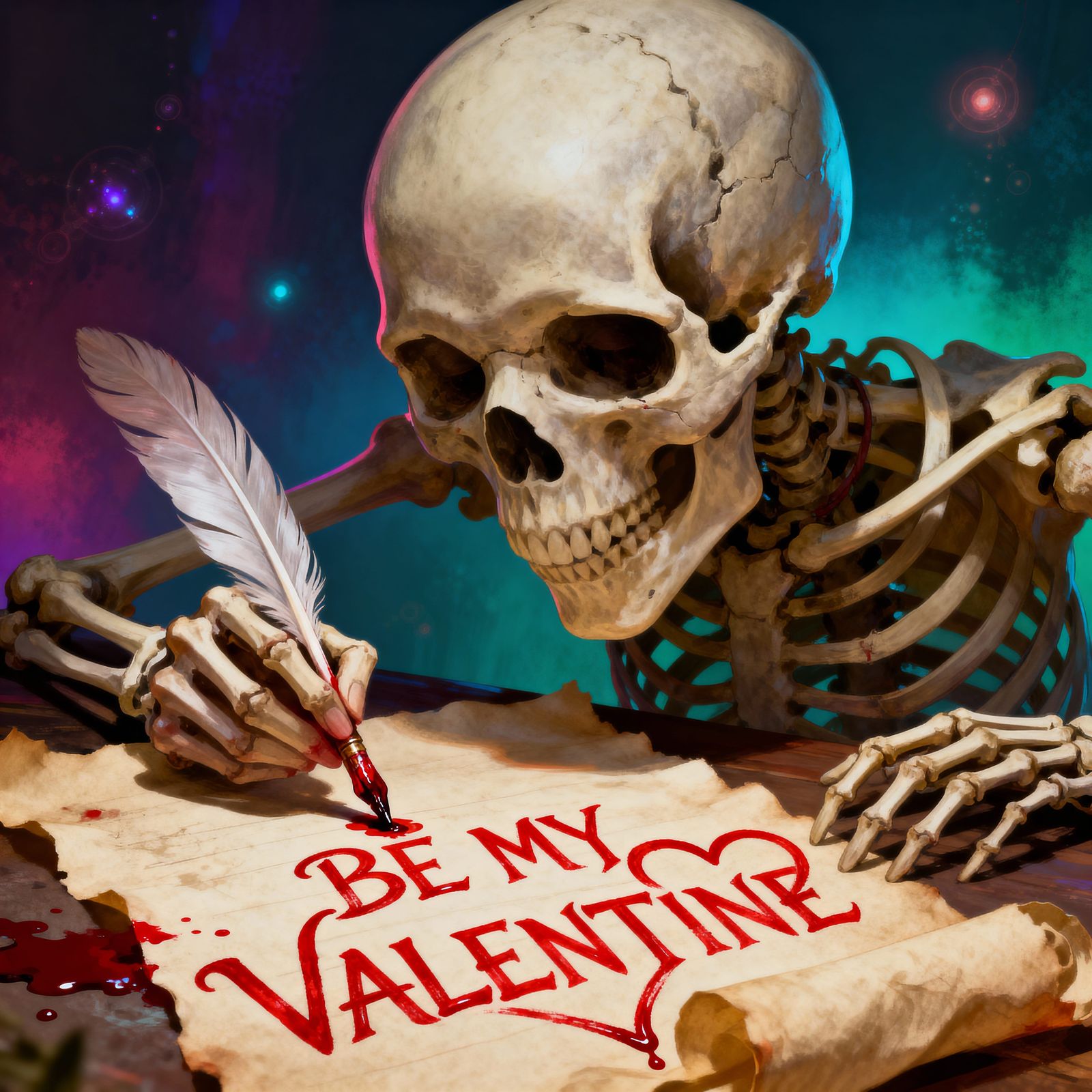Spooky Valentine Skeleton Writes Message in Blood