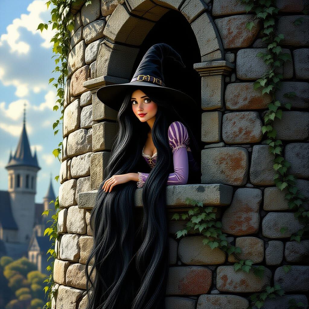 Gothic Rapunzel as Witch in Tower, Caravaggio Style