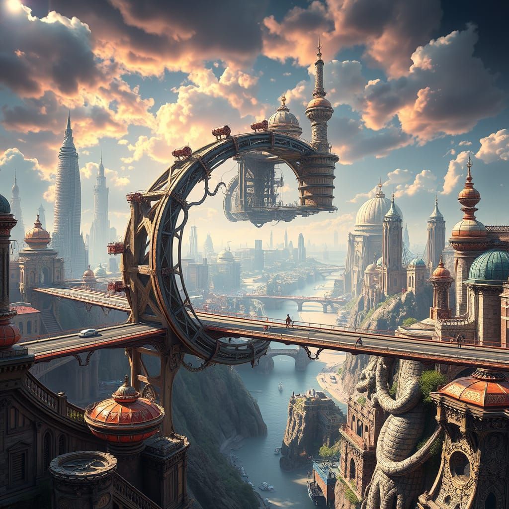 Futuristic Corkscrew Bridge in Steampunk Style