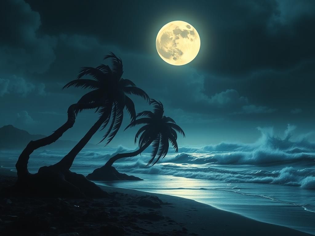 Dark Fantasy Beachscape with Gothic Palm Trees