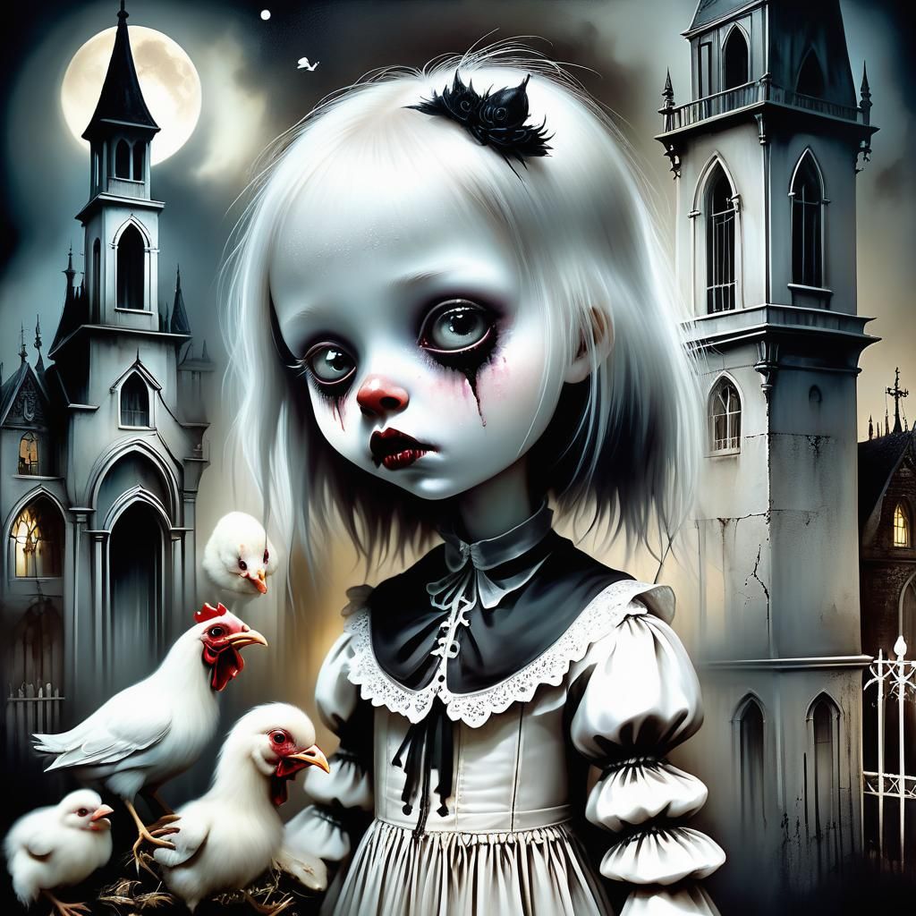 Gothic Girl with Chickens in Moonlight