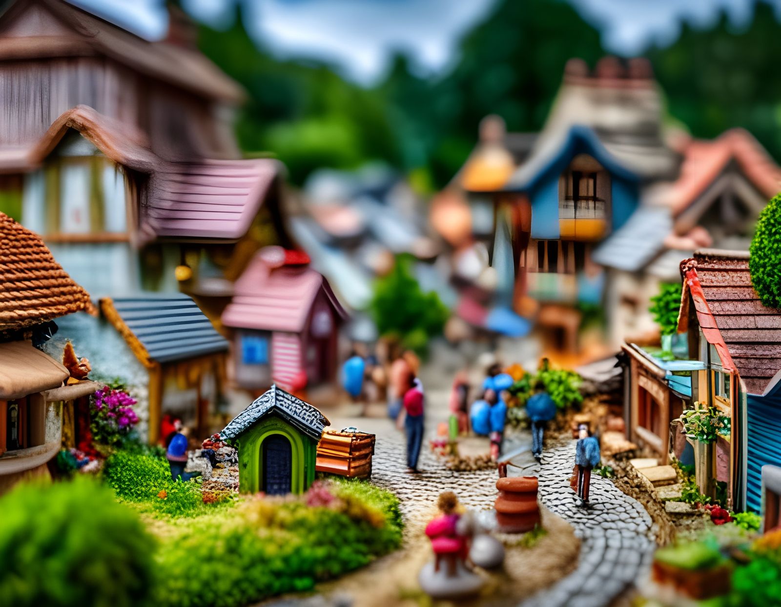 Miniature Village with Tiny People in Wonderland