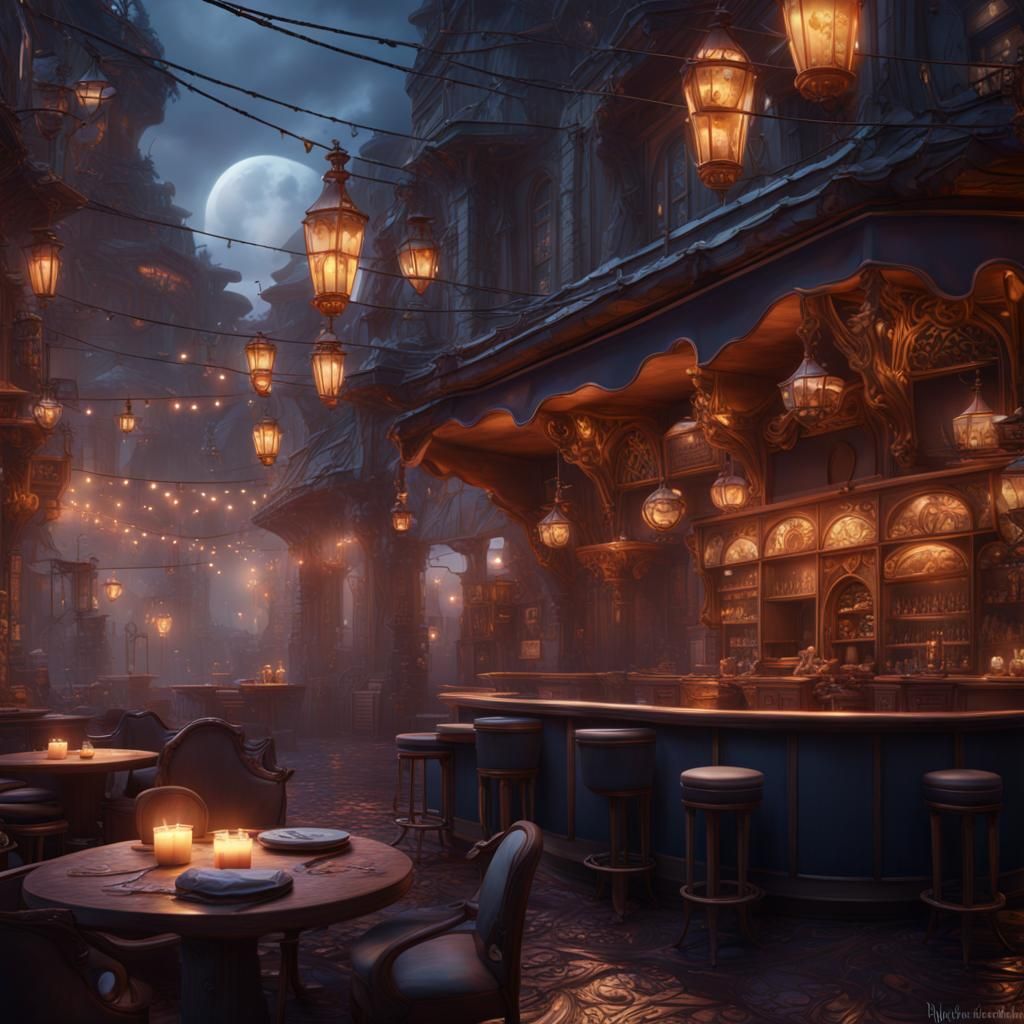 Fantastical Night Cafe: Detailed Matte Painting