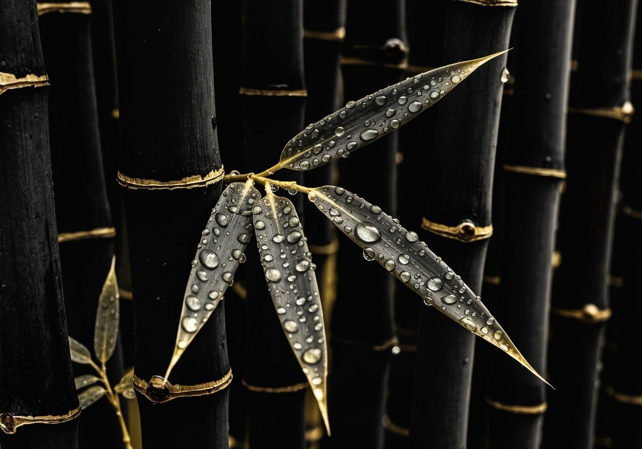 Moody Black Bamboo Close-Up with Water Droplets