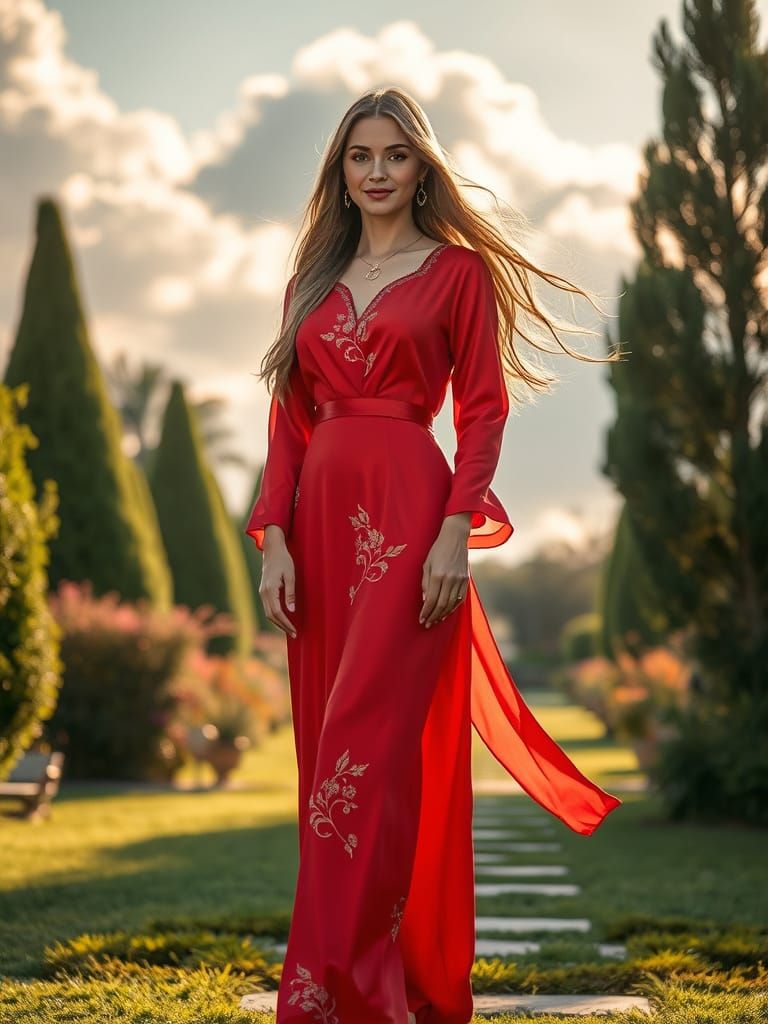 Radiant Woman in Red Silk Dress, Hyperrealistic Photo
