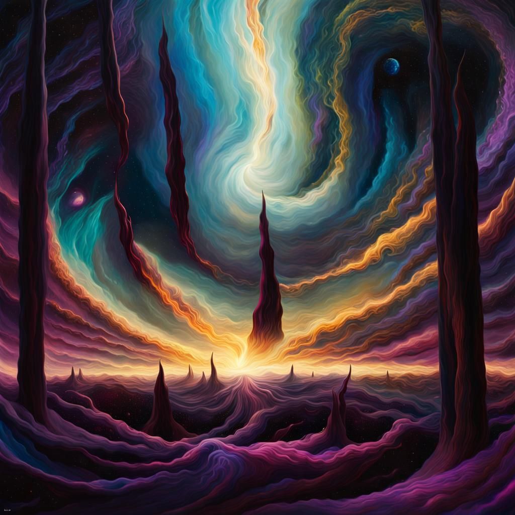 Cosmic Surrealism: Black Hole in Nebula as Oil Painting