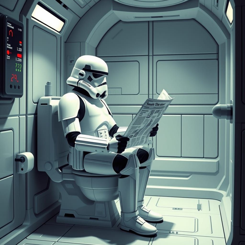 Stormtrooper on Death Star Toilet Reading Newspaper