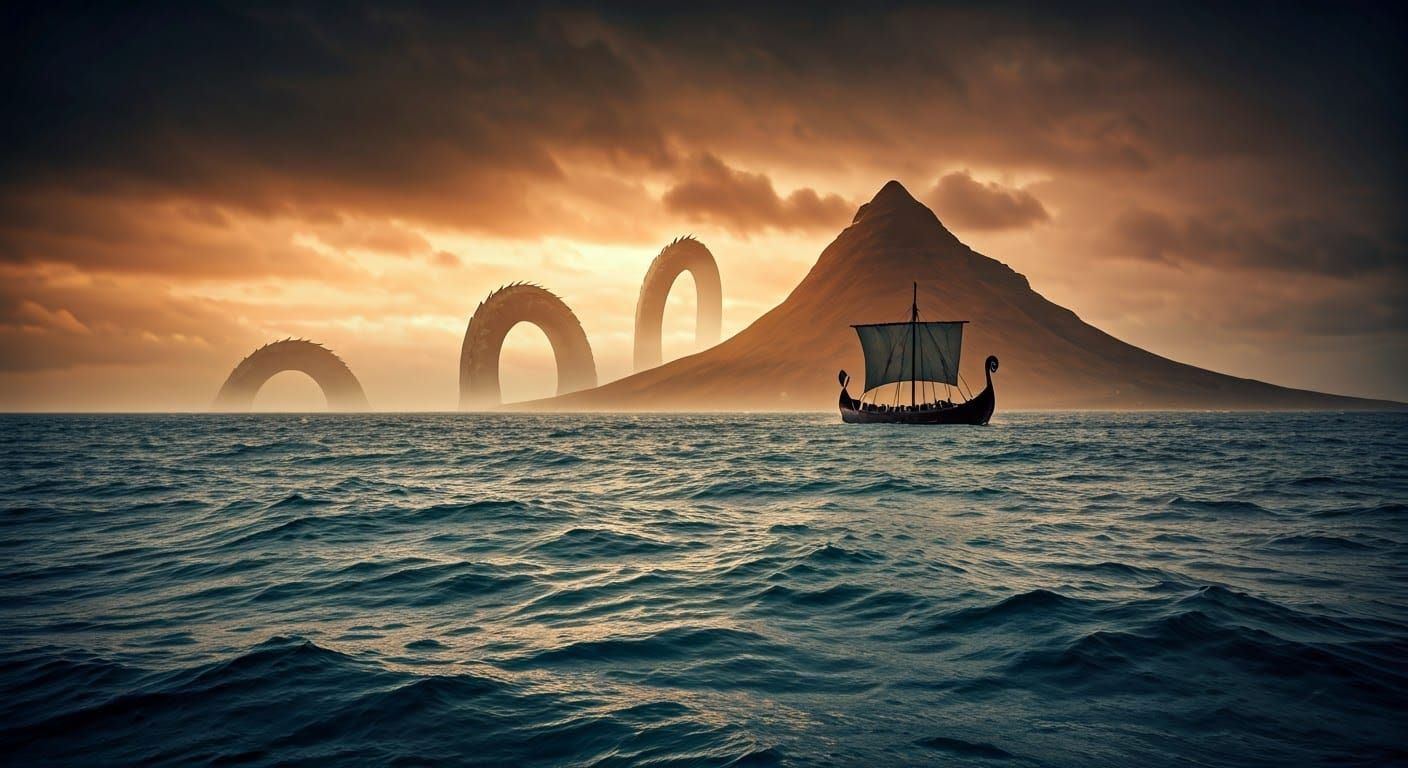 Viking Ship and Giant Serpent at Dusk