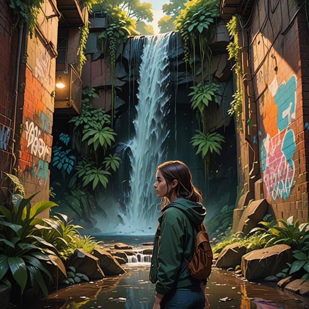 Urban Waterfall Discovery in Vibrant Oil Painting