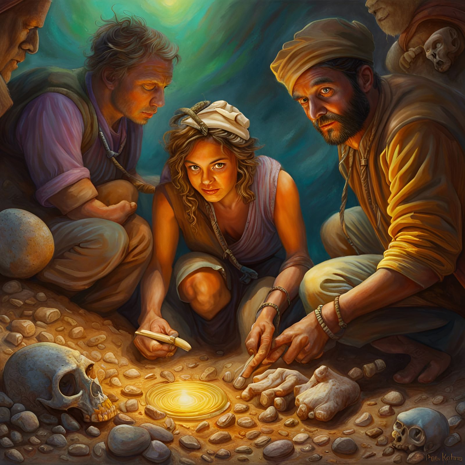 Archeologists Discovering Ancient Fossils, Digital Art