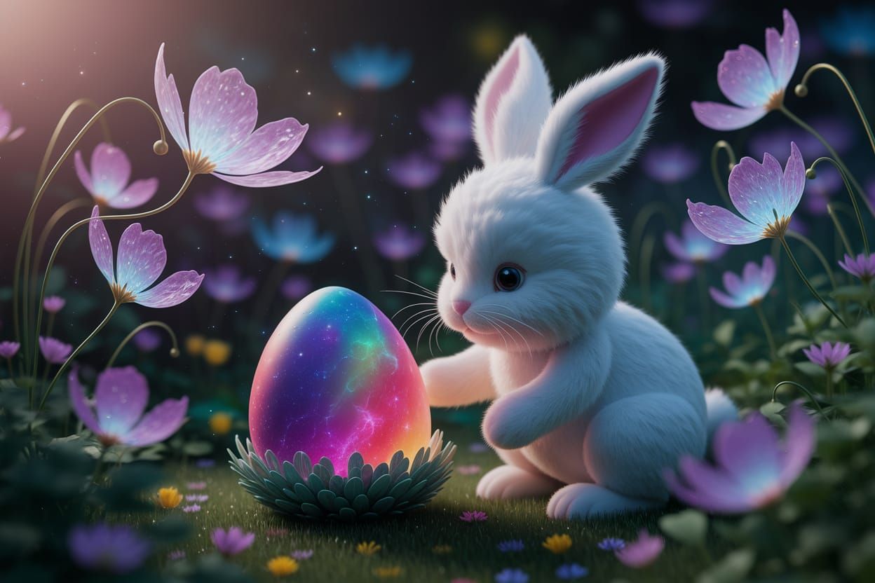Whimsical Easter Bunny Discovers Glowing Egg in Enchanted Ga...