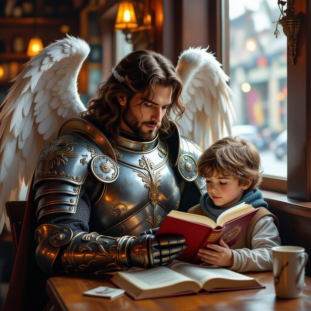 Archangel Michael Helping a Boy in Cafe
