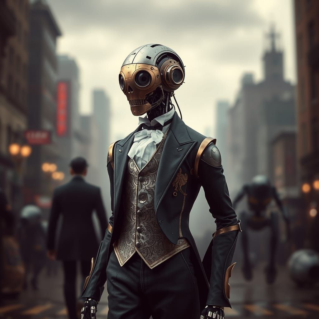 Clockpunk Robot Butler in Dystopian Cityscape