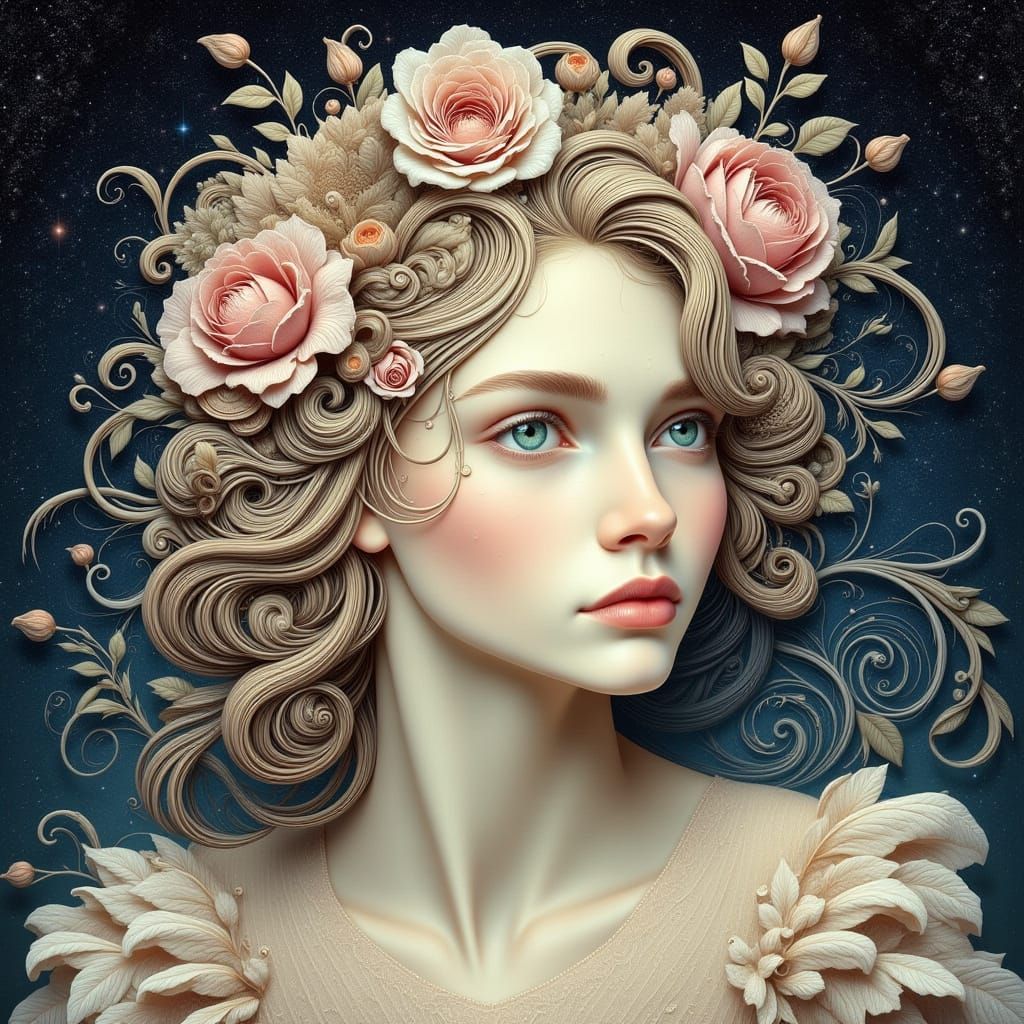 Ethereal Woman with Floral Updo in Art Nouveau Style