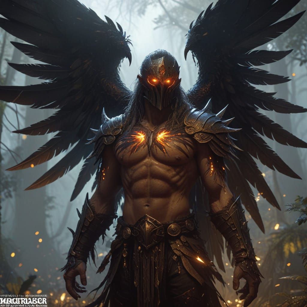 Mystical Birdman in Dark Fantasy Forest