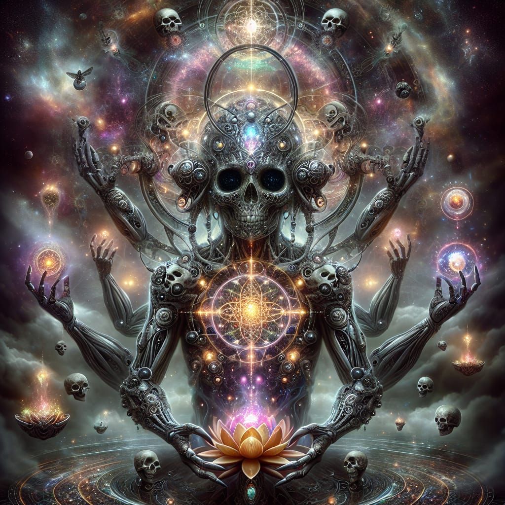 Cybernetic Goddess with Stellar Eyes and Glowing Lotus