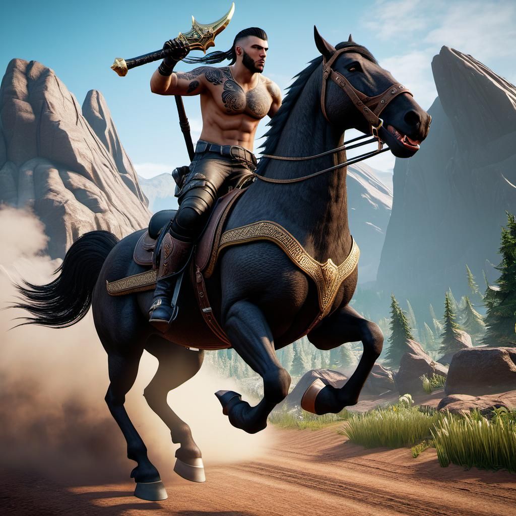 Tattooed fit man riding a steed to battle slaying demonic ho...