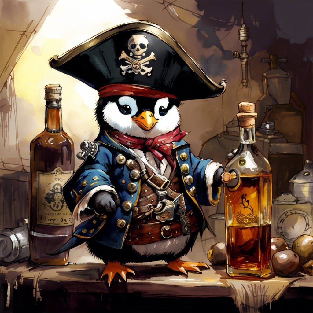 Cute Pirate Penguin in Watercolor Style