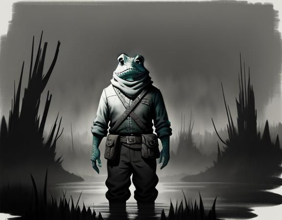 Bullywug in Murky Swamp: Expressive Line Art