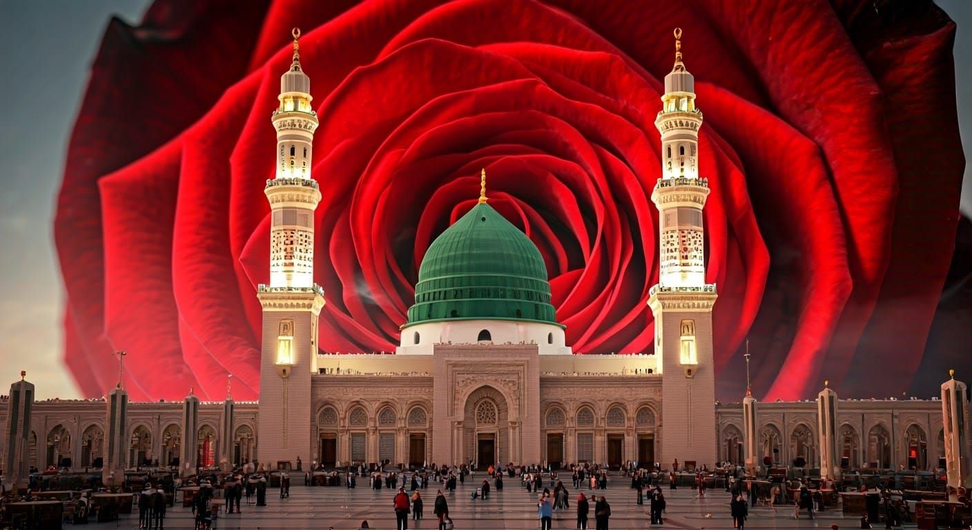 Masjid an-Nabawi and Red Rose Double Exposure