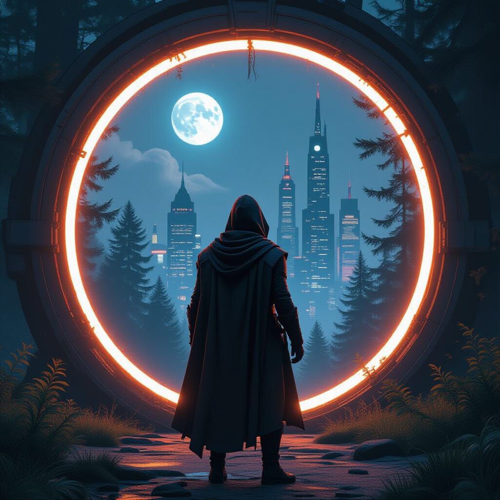 Hooded Traveler at Portal to Future City