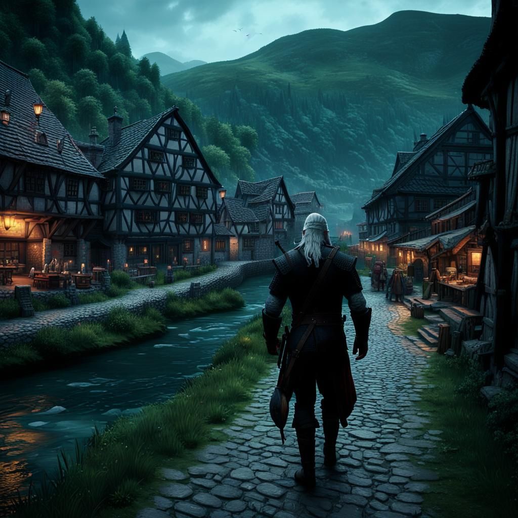 Geralt of Rivia Walking Through Medieval Town